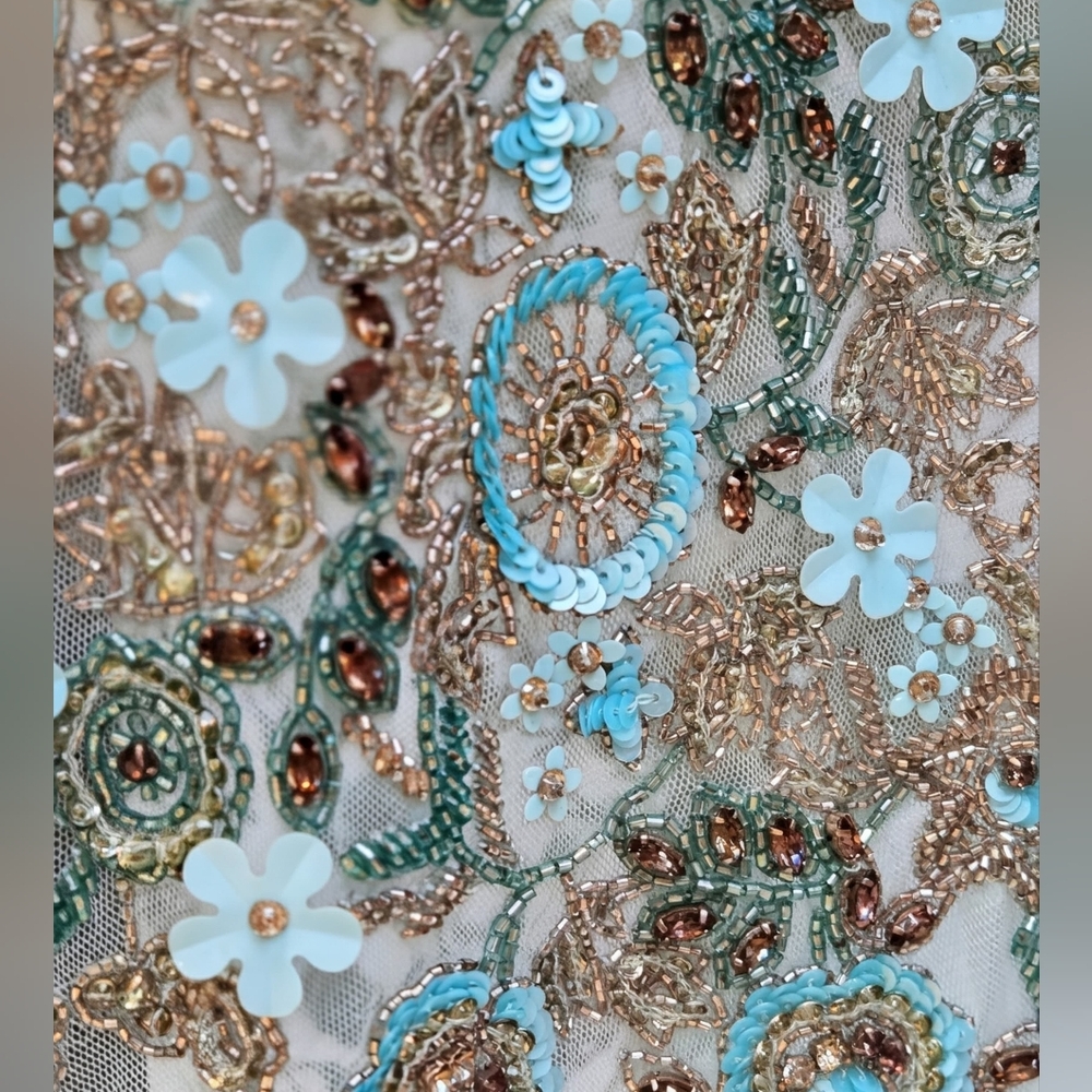 Blumarine Beaded Embroidered Aqua Gown • Made in Italy Sheer Floral Maxi Dress - Picture 3 of 15